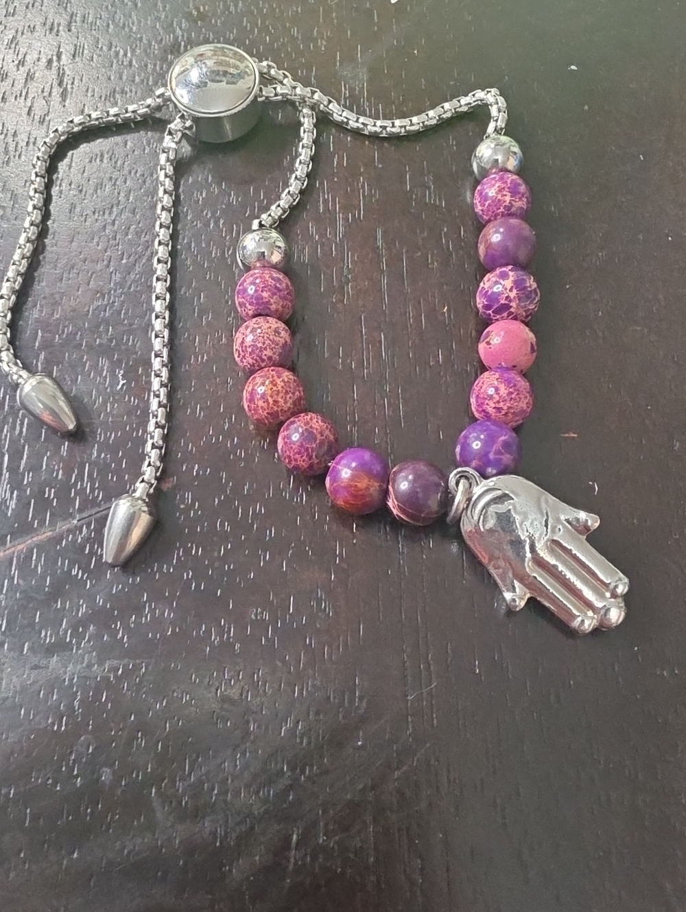 Adjustable Purple Beaded Hamsa Charm Bracelet